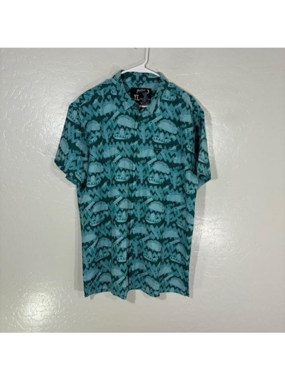 Retro Rifle Taco Night Shirt Mens XL Blue Taco Print Short Sleeve Button Up